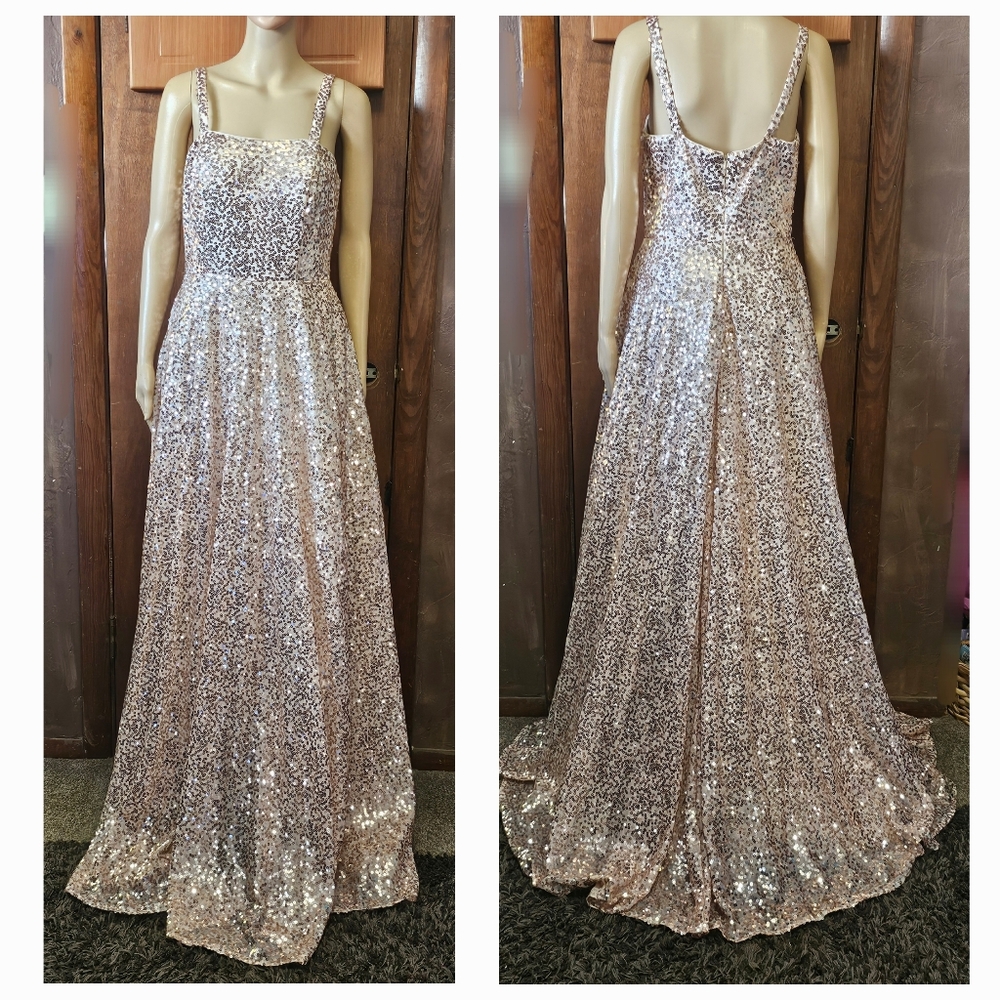 Custom Womens Golden Sequins Fit And Flair Maxi Formal Prom Dress Size M 8